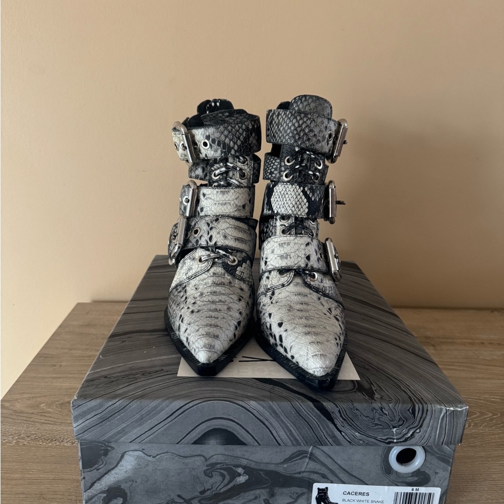 Women's Black and White Buckle Boots